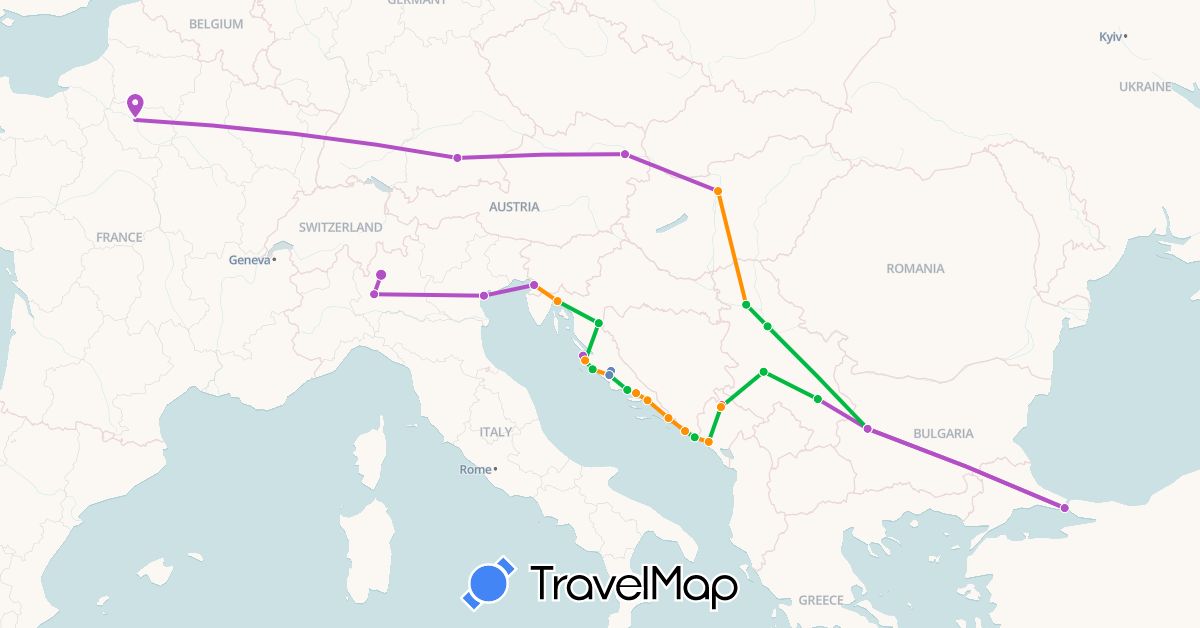 TravelMap itinerary: driving, bus, cycling, train, hiking, hitchhiking in Austria, Bosnia and Herzegovina, Bulgaria, Germany, France, Croatia, Hungary, Italy, Montenegro, Serbia, Turkey (Asia, Europe)